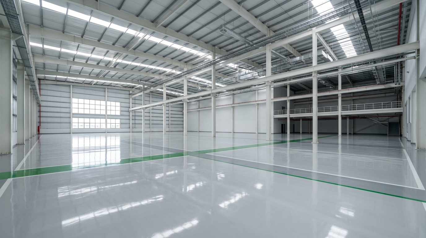 Mặt bằng đại công trình thi công sàn Epoxy công nghiệp thực tế ban ngày của Thành Phát