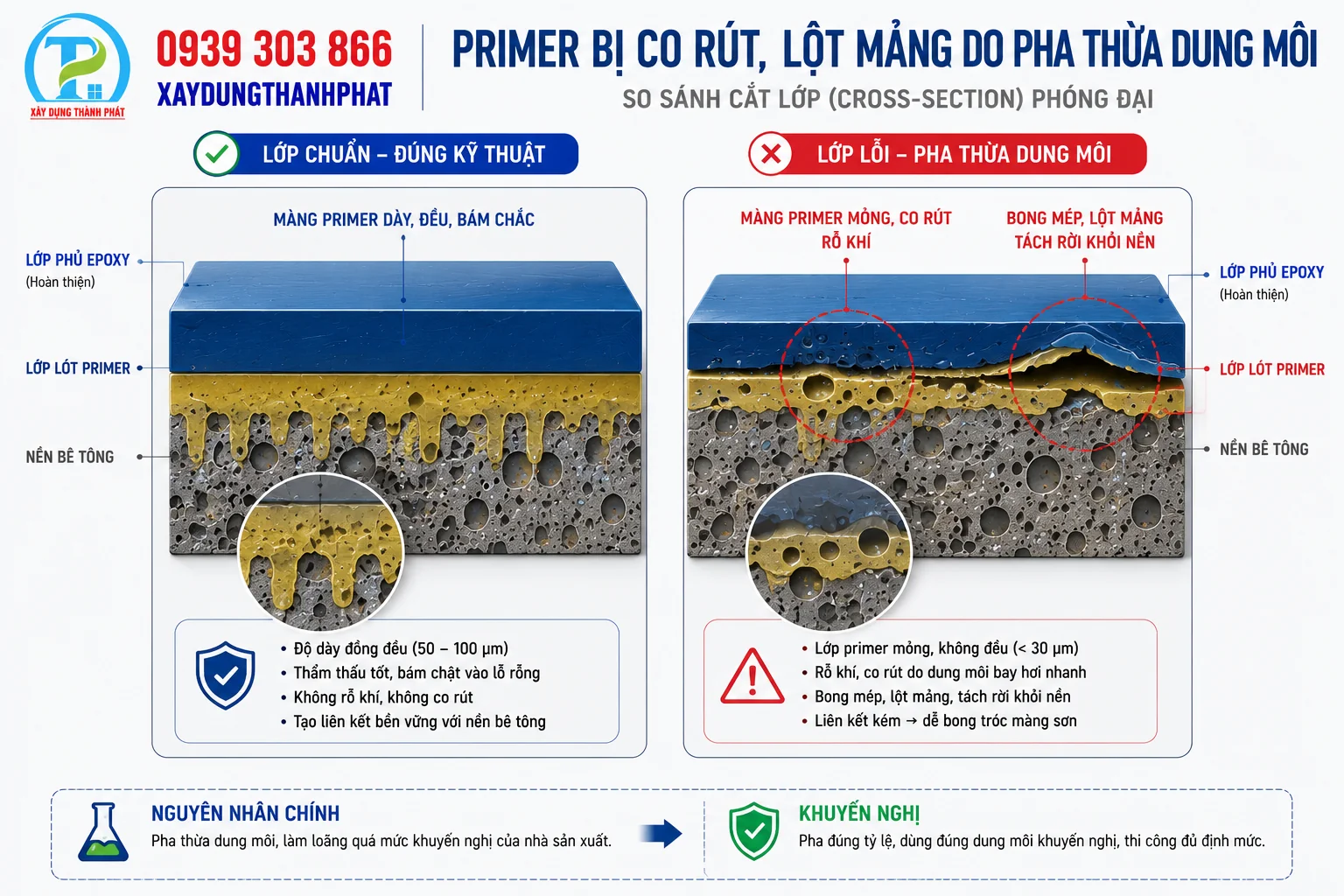 Minh họa tiết diện m&agrave;ng sơn l&oacute;t khi thi c&ocirc;ng sơn epoxy B&igrave;nh Phước bị r&uacute;t định mức, g&acirc;y co r&uacute;t v&agrave; lột mảng.