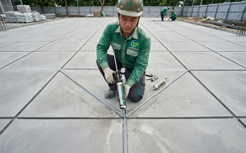 Thợ kỹ thuật bơm keo polyurethane tr&aacute;m khe co gi&atilde;n nền b&ecirc; t&ocirc;ng s&acirc;n thể thao