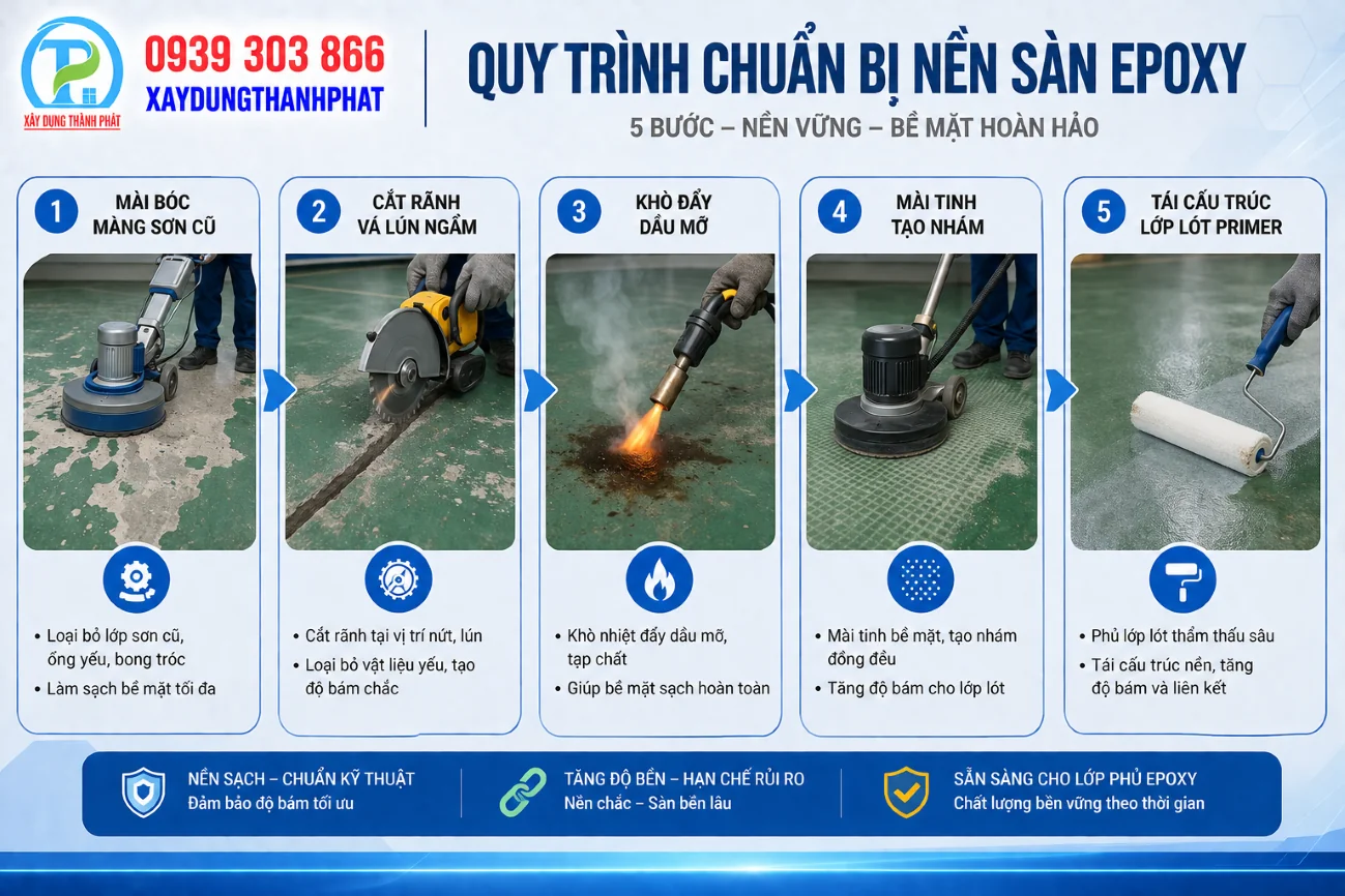 quy tr&igrave;nh cải tạo s&agrave;n epoxy cũ 5 bước từ m&agrave;i b&oacute;c đến t&aacute;i tạo lớp l&oacute;t primer