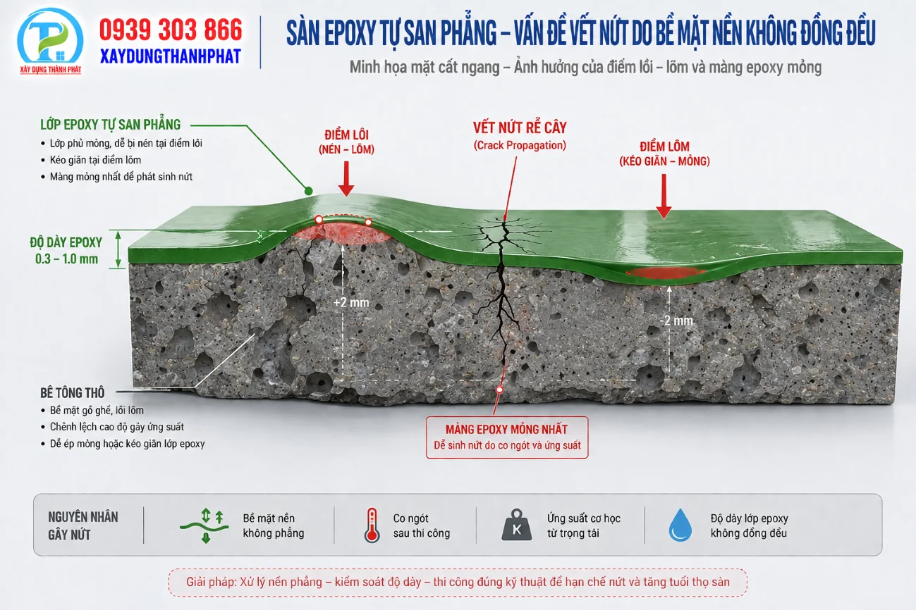  Sơ đồ mặt cắt độ d&agrave;y sơn epoxy tự san phẳng bị n&eacute;n vỡ do cao độ s&agrave;n lồi l&otilde;m 
