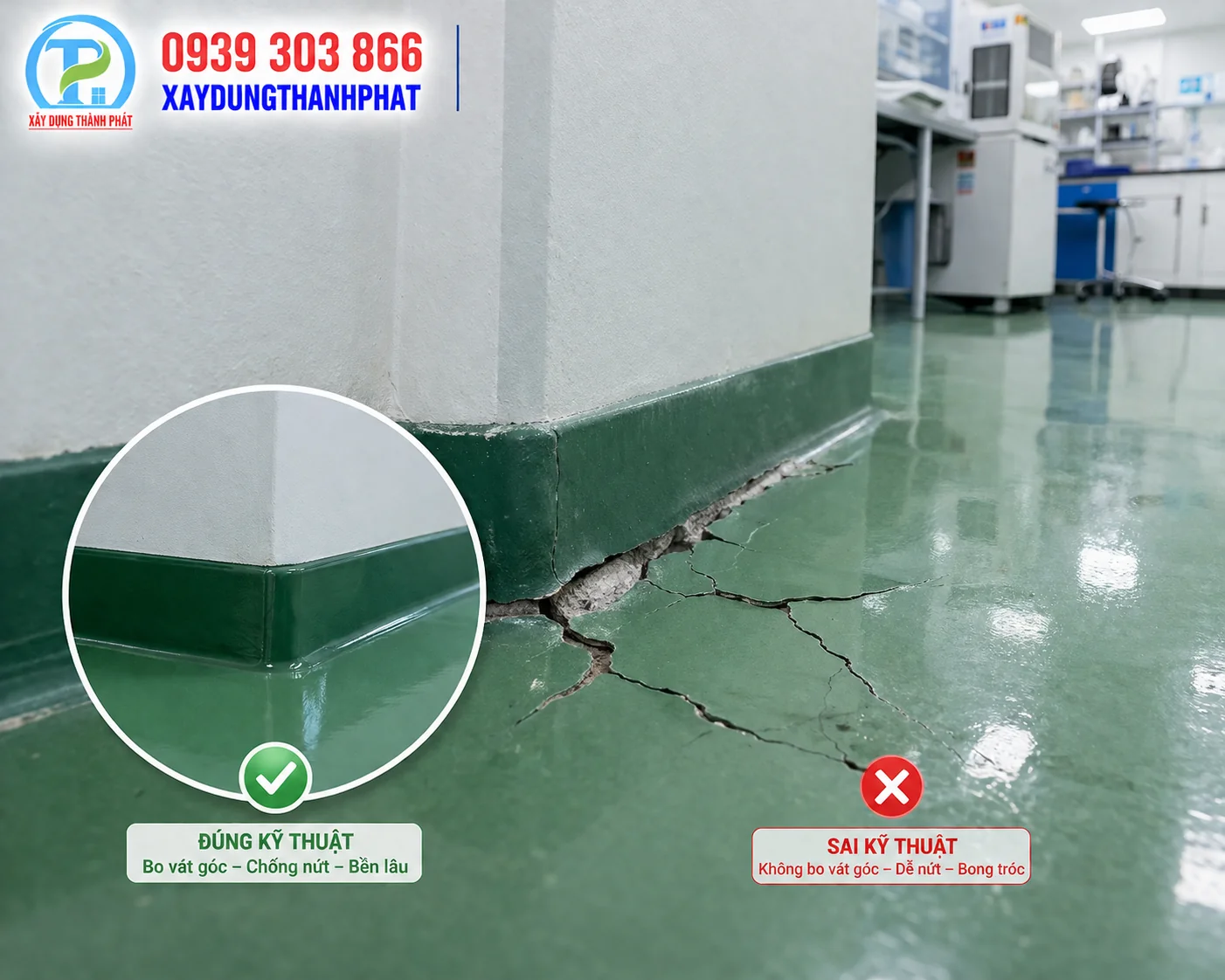 sơn epoxy ph&ograve;ng th&iacute; nghiệm bị nứt g&atilde;y do kh&ocirc;ng bo v&aacute;t g&oacute;c ch&acirc;n tường.