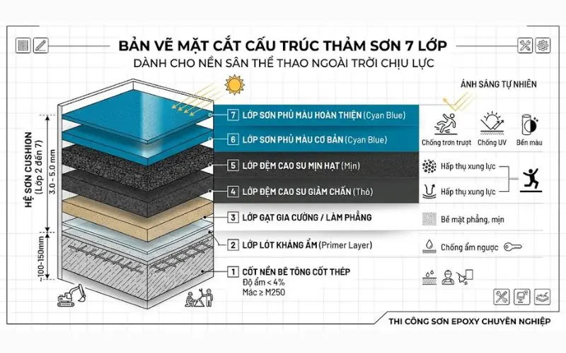 Cấu tr&uacute;c ph&acirc;n tầng hệ thống sơn epoxy s&acirc;n thể thao thi đấu chuy&ecirc;n nghiệp.