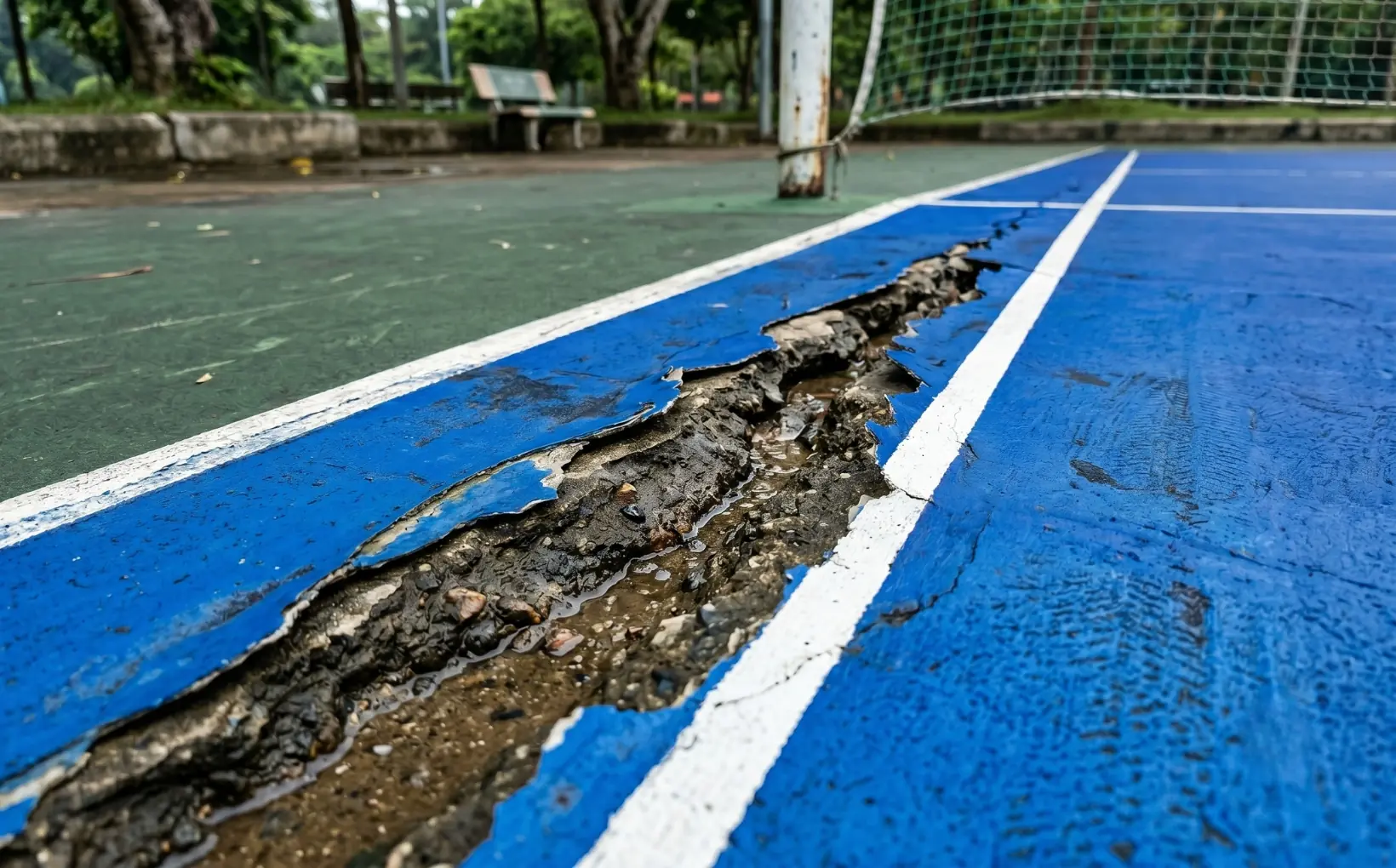 Nứt nền b&ecirc; t&ocirc;ng l&agrave;m r&aacute;ch lớp sơn bề mặt s&acirc;n cầu l&ocirc;ng ngo&agrave;i trời
