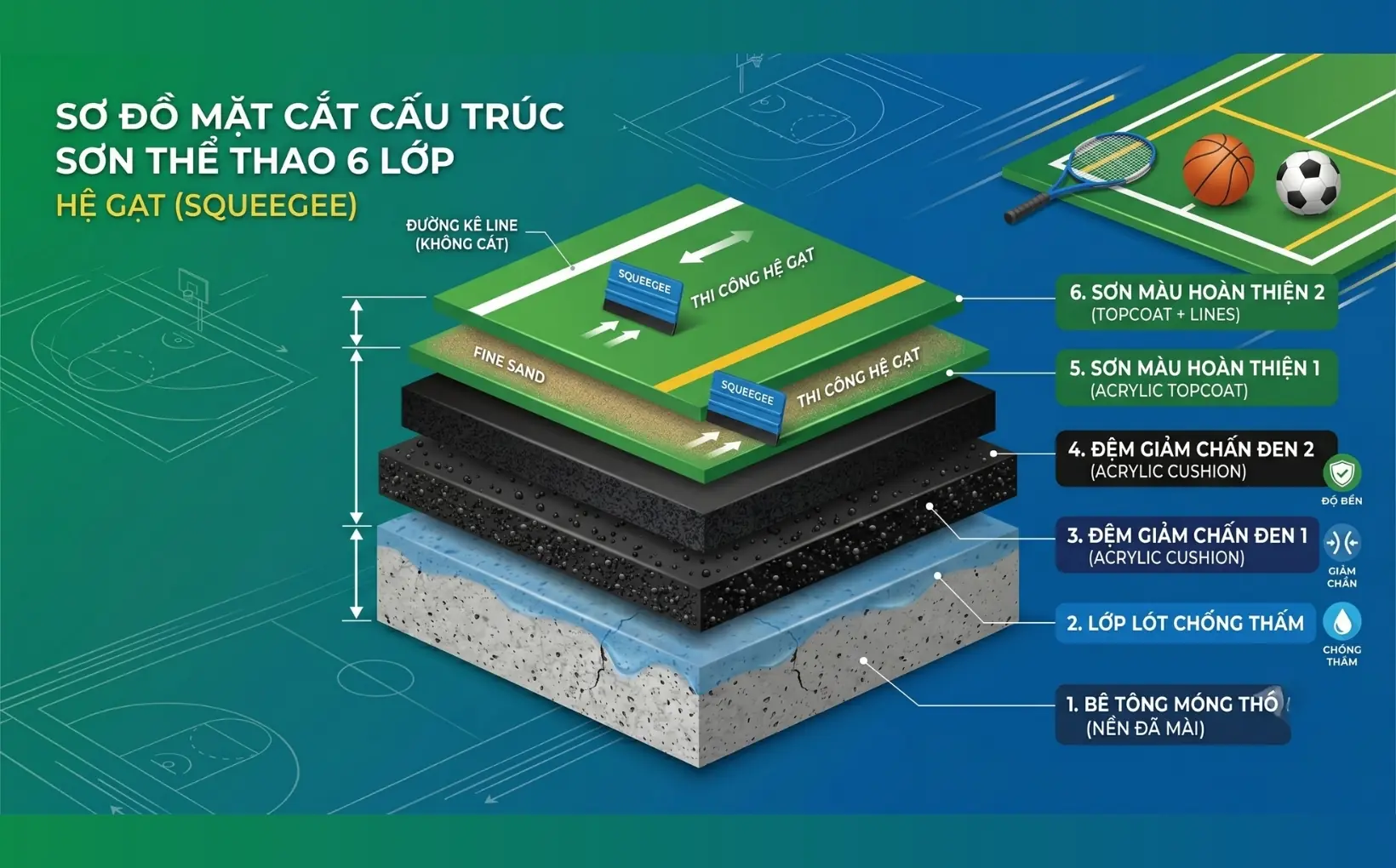 Quy tr&igrave;nh sơn thi c&ocirc;ng s&acirc;n tennis b&oacute;c t&aacute;ch độ d&agrave;y m&agrave;ng Acrylic chuẩn ITF
