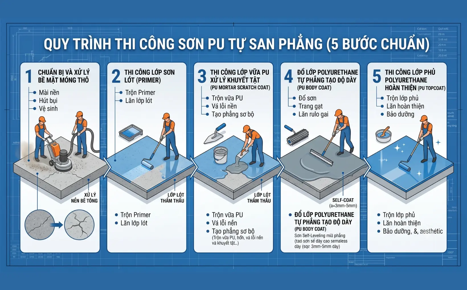 Quy tr&igrave;nh thi c&ocirc;ng sơn pu tự san phẳng lộ tr&igrave;nh 5 bước kỹ thuật
