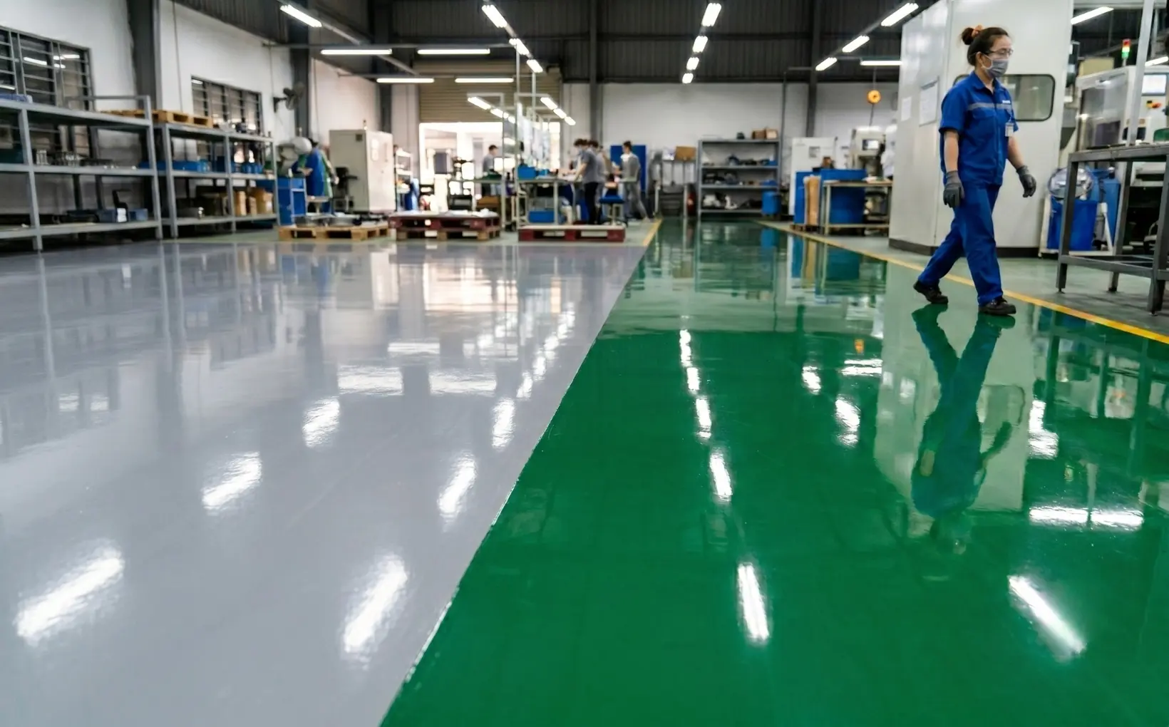 Đối chiếu trực quan bề mặt m&agrave;ng sơn epoxy hệ lăn rulo v&agrave; hệ tự phẳng.
