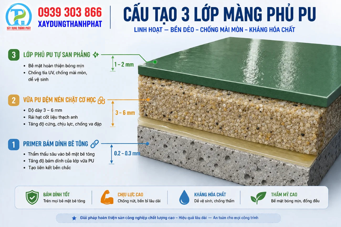 thi c&ocirc;ng s&agrave;n polyurethane - cấu tr&uacute;c 3 lớp m&agrave;ng phủ chịu sốc nhiệt